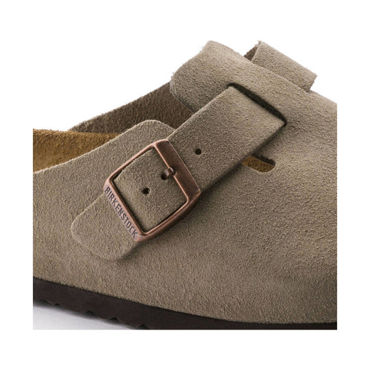 Taupe suede clog sandal with a buckle strap