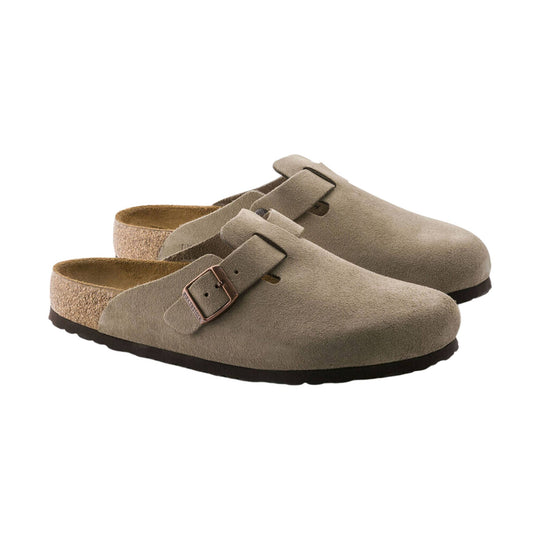 Taupe suede clogs with adjustable buckle straps and dark soles