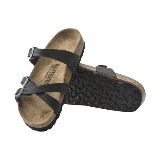 Black strappy sandal with cork footbed and buckled straps, shown in top and sole views
