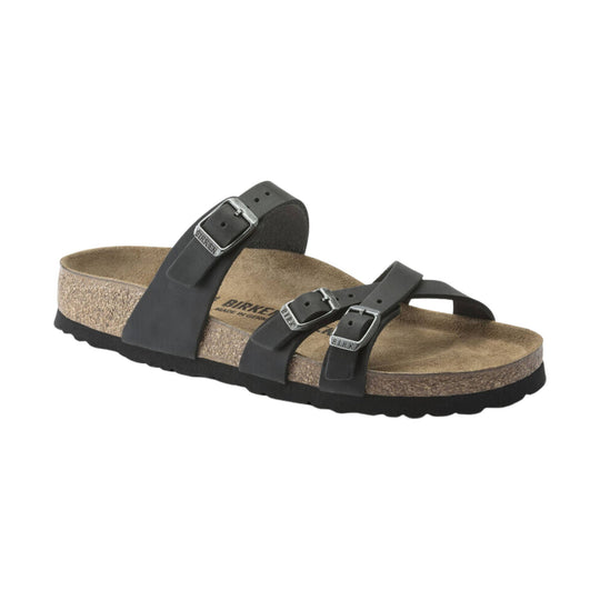 Black two-strap sandal with buckles and cork footbed