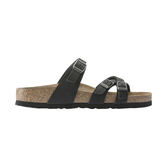 Black two-strap sandal with cork footbed and adjustable buckles
