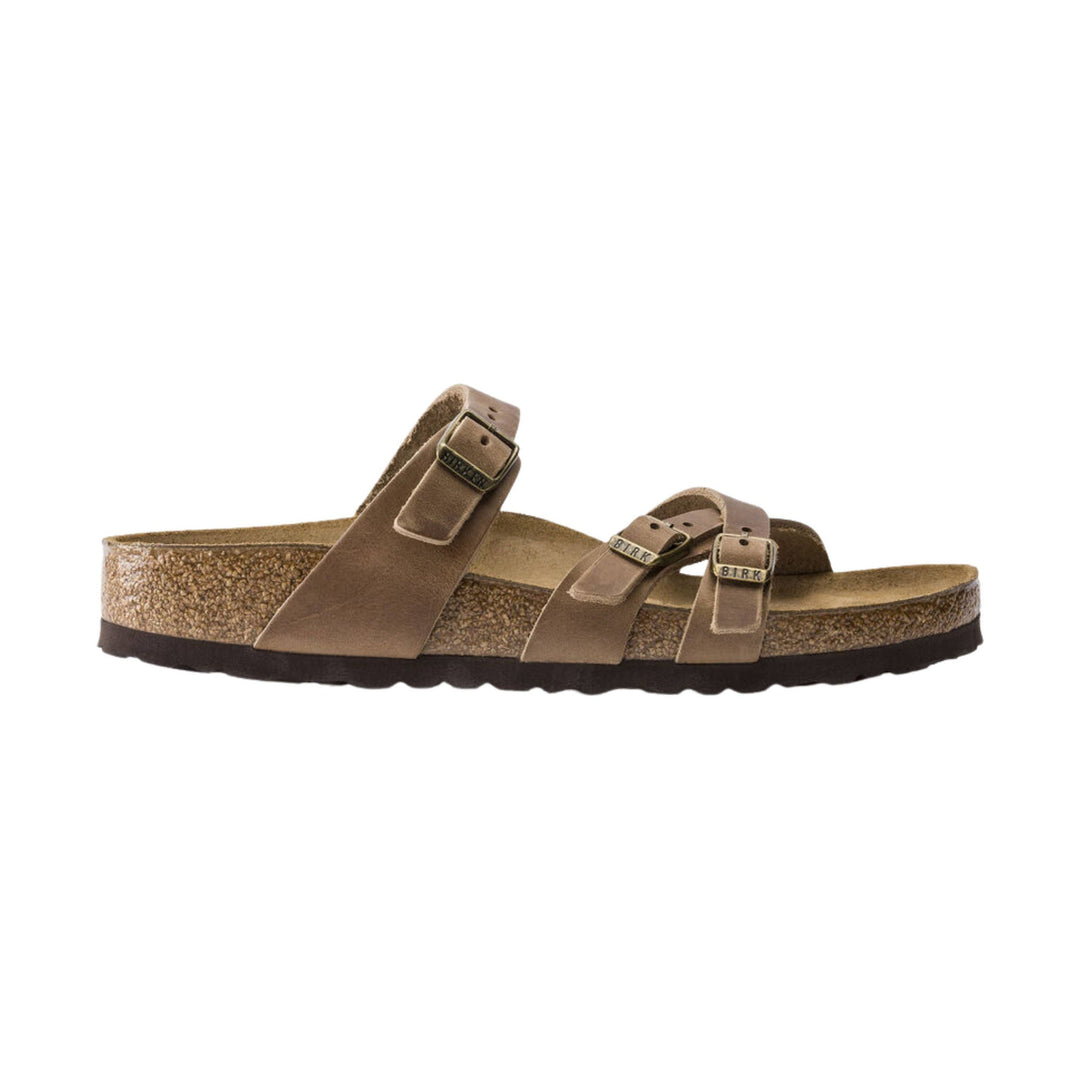 Brown leather double-strap slide sandal with cork footbed and dark sole
