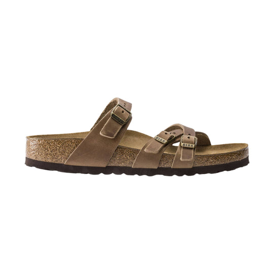 Brown leather double-strap slide sandal with cork footbed and dark sole