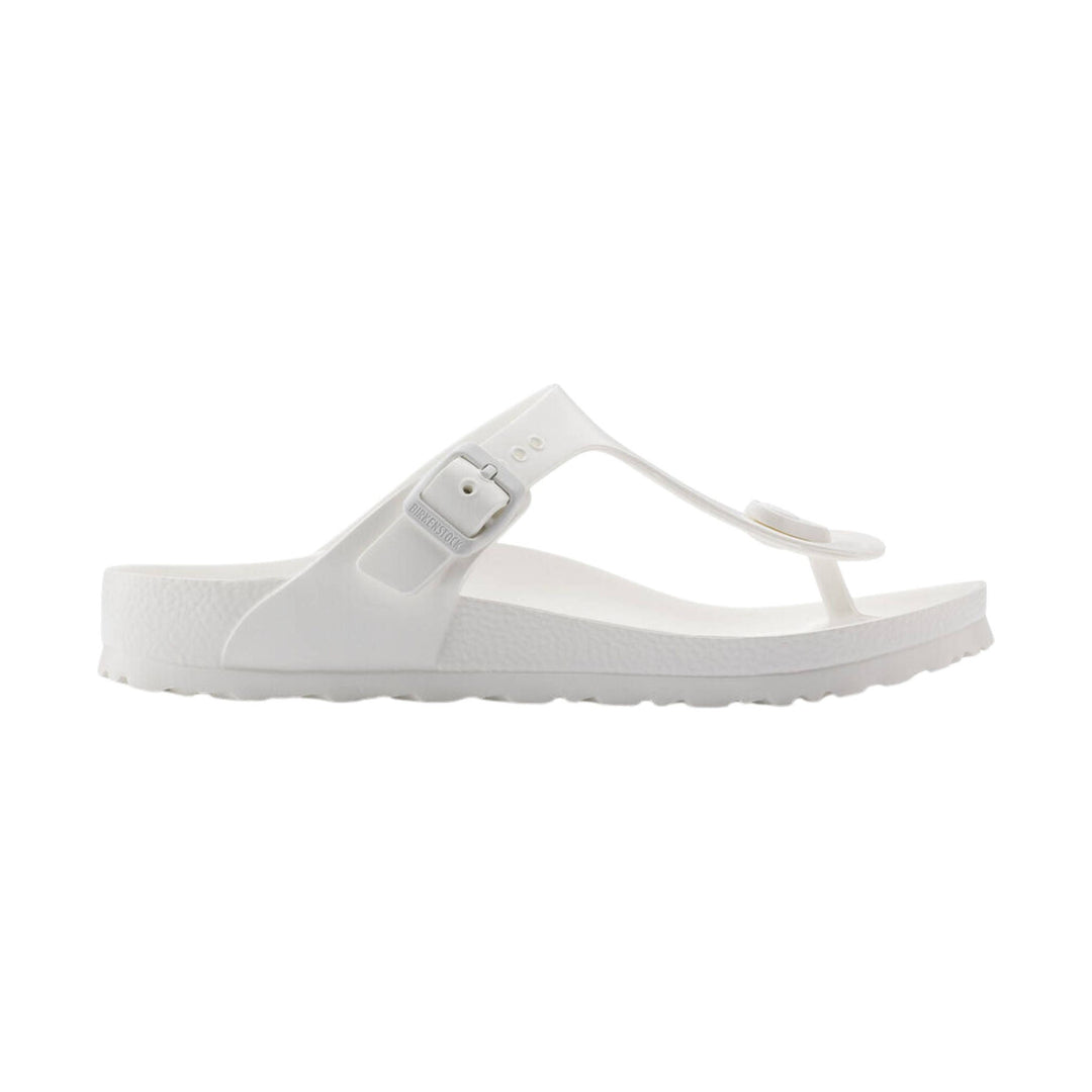 White toe-post sandal with molded footbed and buckle strap