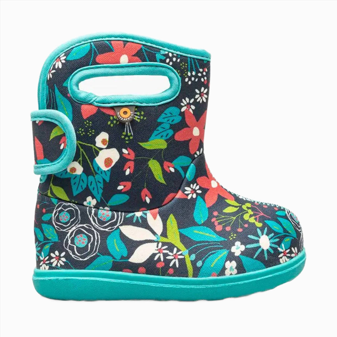 Child's navy rubber rain boot with teal trim and colorful floral print