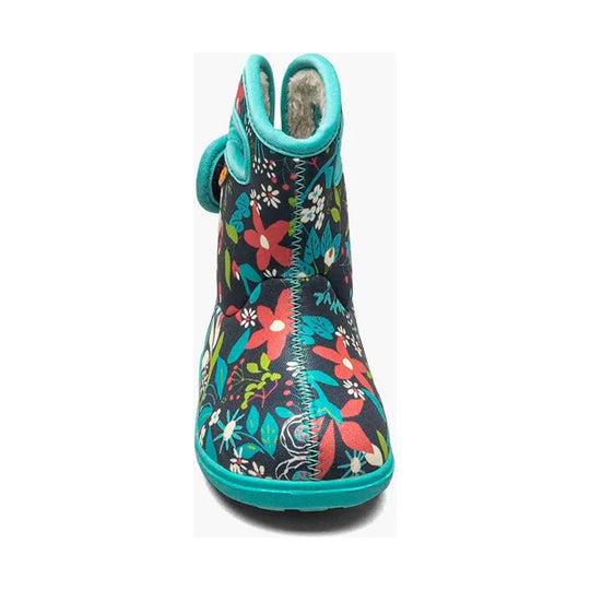 Floral toddler rain boot with teal trim and zigzag stitching
