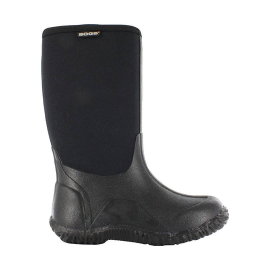 Black mid-calf rain boot with a textured sole and small top logo label