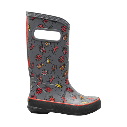 Gray rain boot with colorful bug print, red trim, and black treaded sole