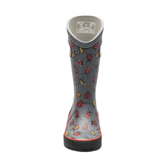 Gray rain boot with colorful bug pattern and black sole, shown from the back