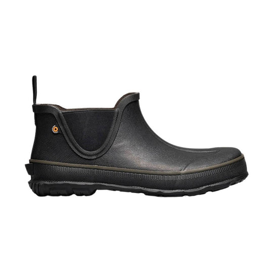 Black pull-on rubber farm boot with side gore, heel pull tab, and rugged tread sole