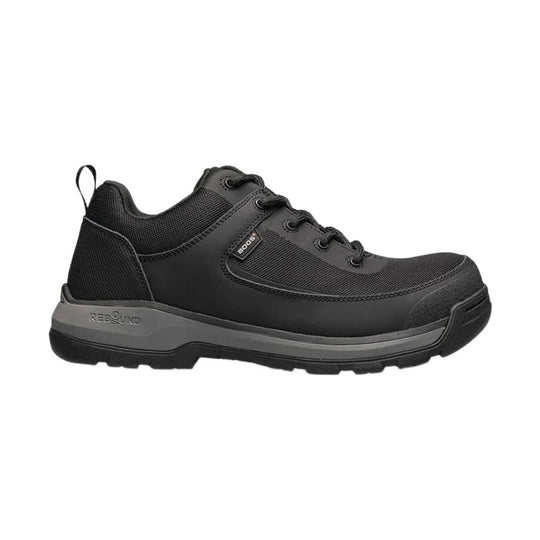 Black low-cut work shoe with mesh panels, lace-up closure, and a gray cushioned sole