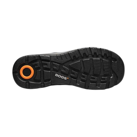 Black work shoe outsole with orange heel insert and BOGS logo