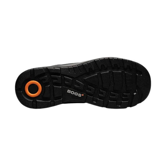 Black boot outsole with deep tread and orange heel accent, marked BOGS