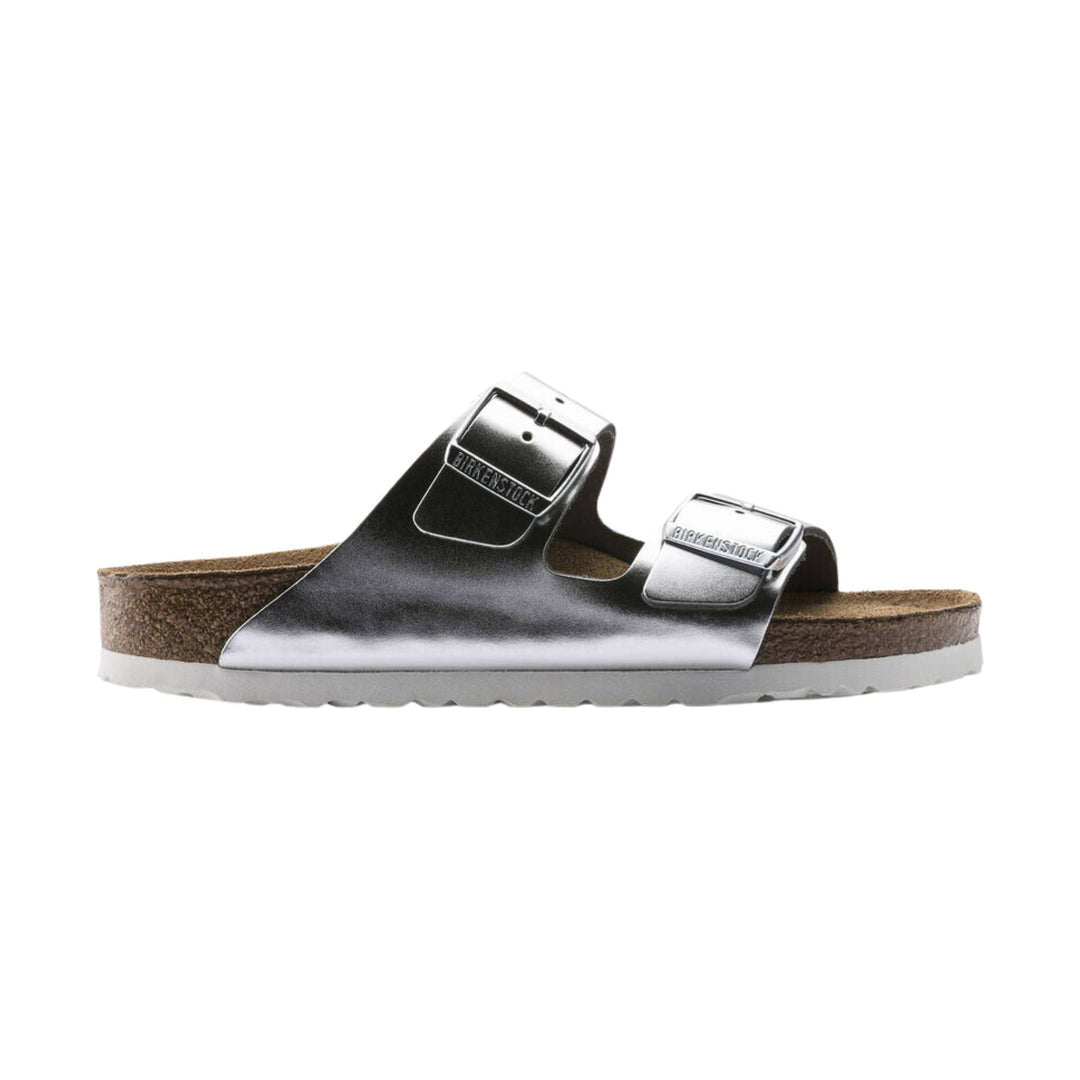 Metallic silver two-strap cork sandal with buckles