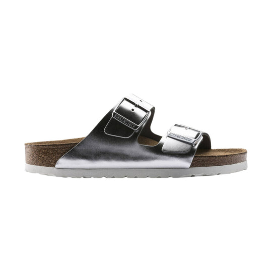 Metallic silver two-strap cork sandal with buckles