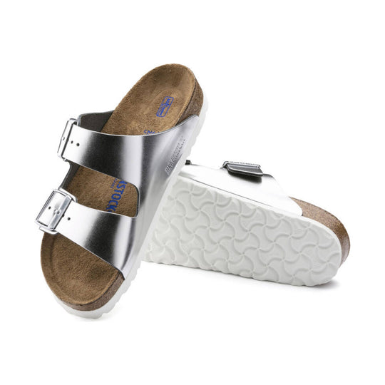 Silver double-strap cork footbed sandal with buckles, shown in top and side views