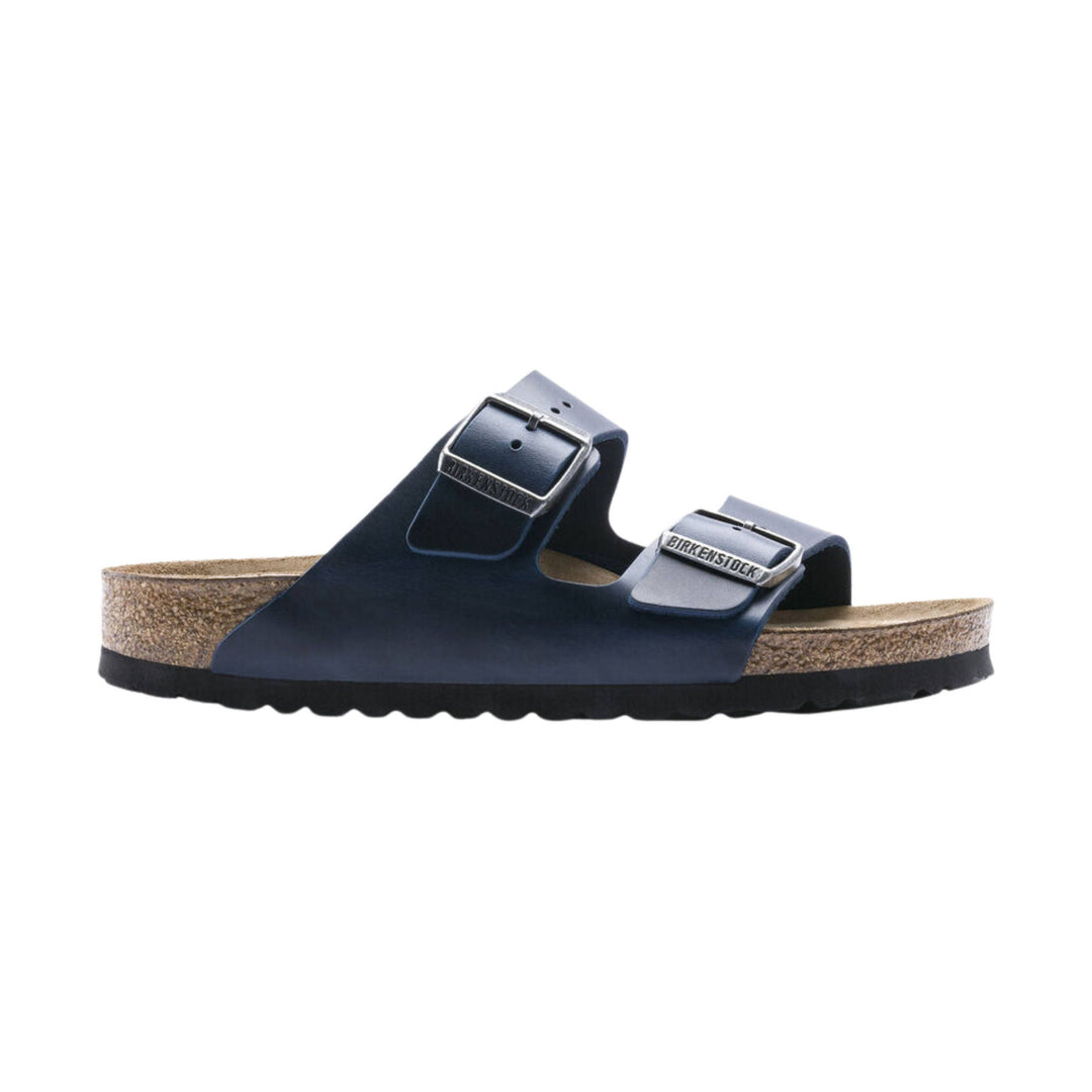 Blue two-strap cork footbed sandal with buckled straps