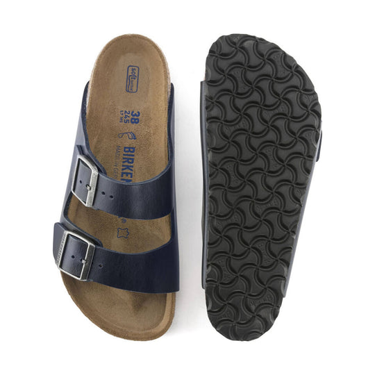 Blue double-strap Birkenstock sandal shown top and sole views