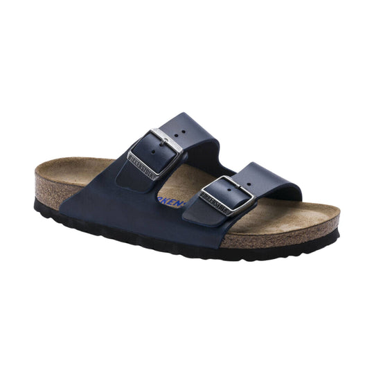 Blue double-strap sandal with cork footbed and silver buckles