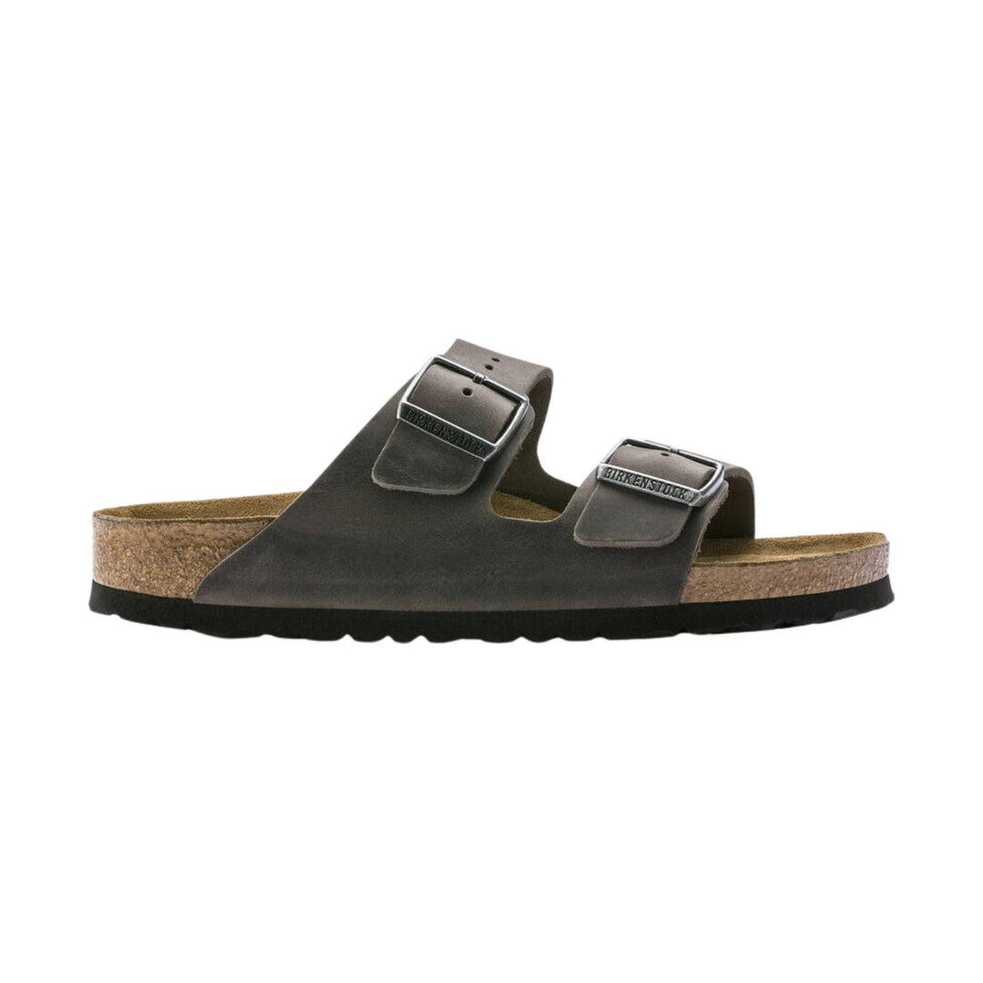 Dark brown two-strap sandal with cork footbed and metal buckles