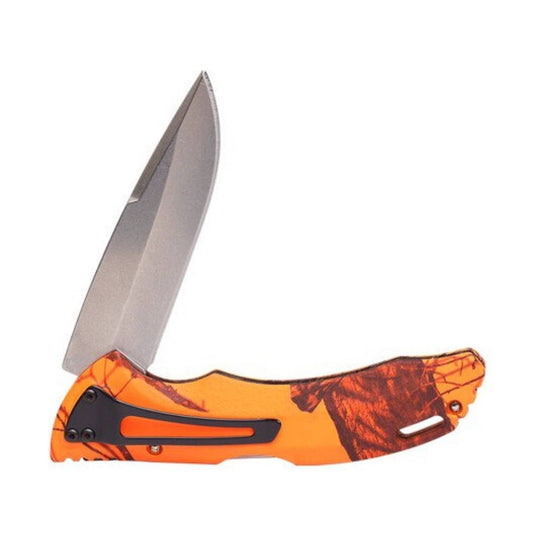 Orange camo folding pocket knife with a silver blade open on a white background