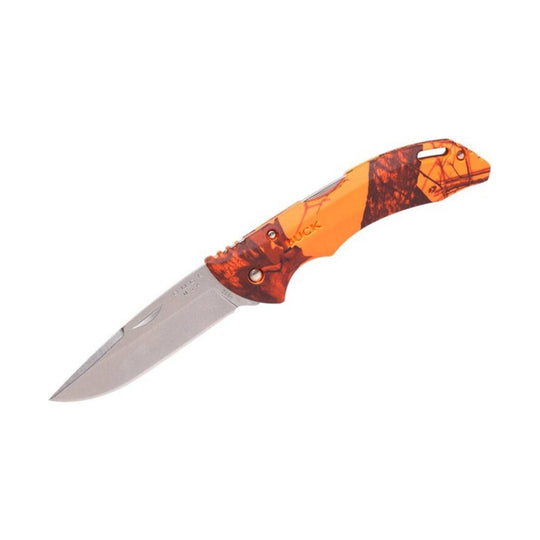 Open folding knife with orange and brown camo handle and silver blade