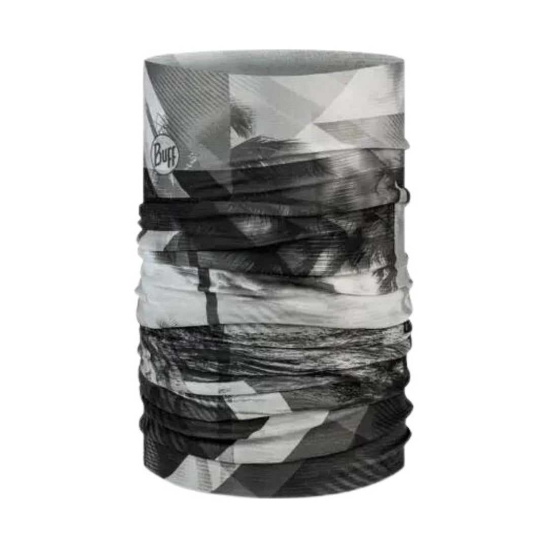 Black and gray patterned neck gaiter with a small Buff logo