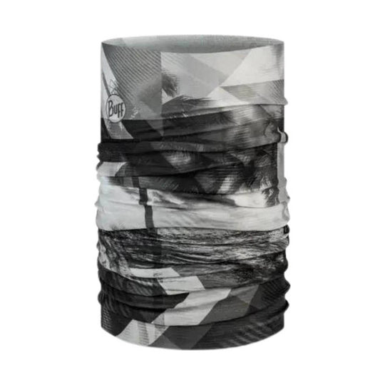 Black and gray patterned neck gaiter with a small Buff logo