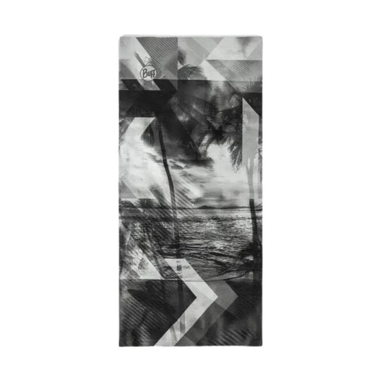 Grayscale tubular neck gaiter with palm trees, ocean scene, and geometric pattern