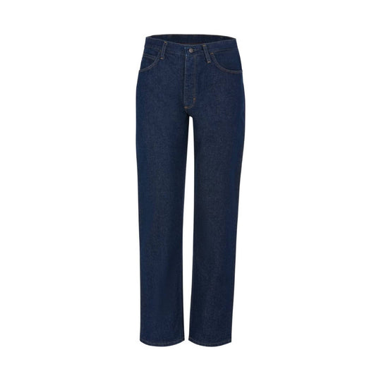 Dark blue straight-leg jeans with five-pocket styling