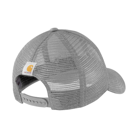 Gray mesh trucker cap with curved brim and adjustable snapback closure