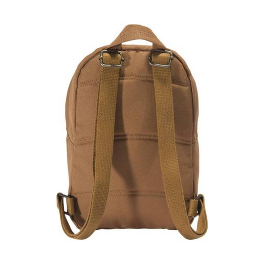 Small brown canvas backpack with top handle and adjustable shoulder straps
