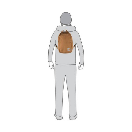 Small brown backpack with a front zip pocket and top handle shown on a person from the back