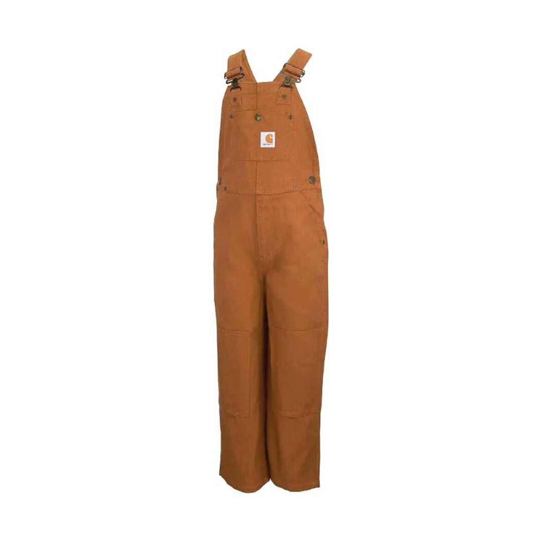 Brown bib overalls with front chest pocket, adjustable straps, and reinforced knees