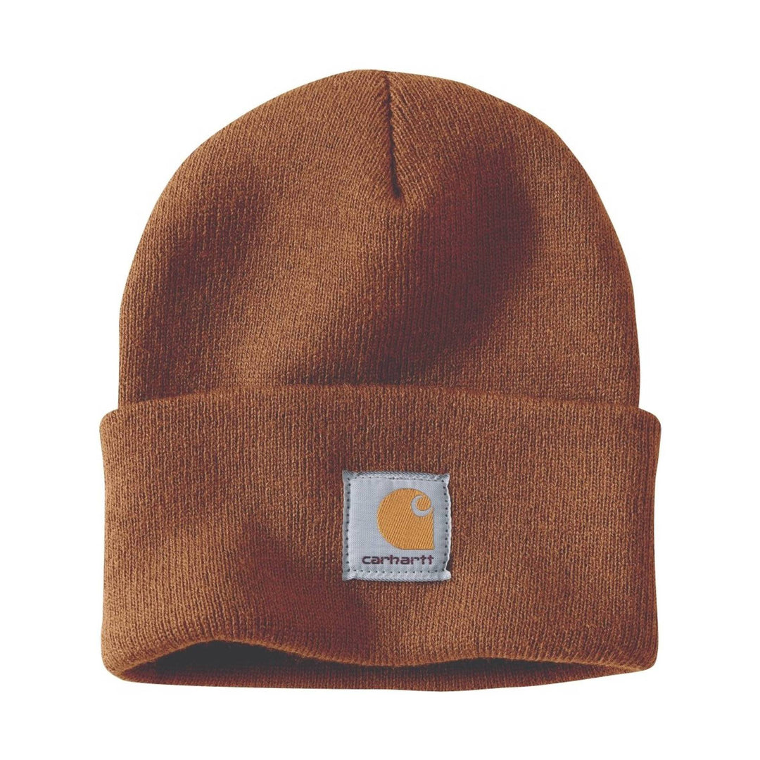 Brown knit beanie with a folded cuff and small front logo patch
