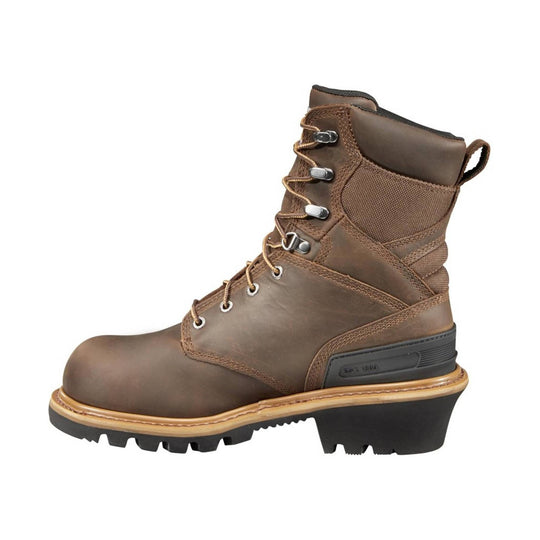 Brown lace-up insulated work boot with padded collar, pull tab, and lug sole