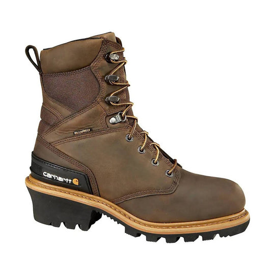 Brown leather lace-up work boot with metal eyelets, pull loop, and black lug sole