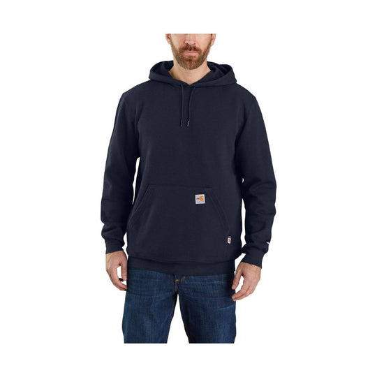 Navy hooded sweatshirt with kangaroo pocket and small logo patch on the front pocket