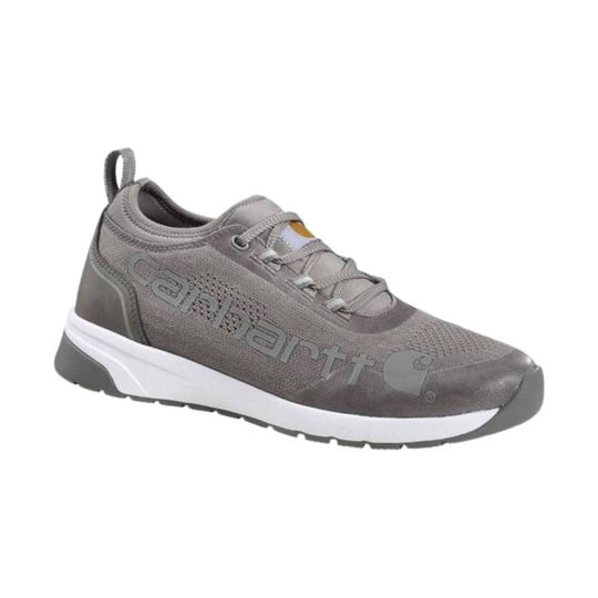Grey low-top work shoe with white midsole, black tread, and Carhartt logo on the side.