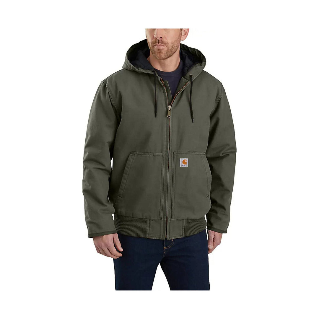 Olive hooded zip-up jacket with front patch pockets and ribbed hem