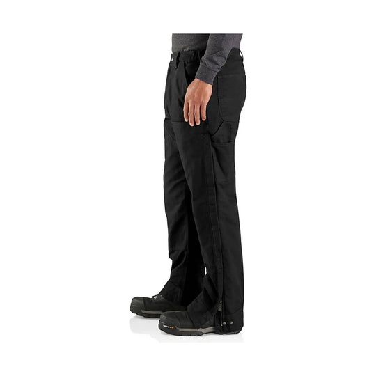 Black work pants with cargo pockets and side leg zippers, shown on a model from the waist down