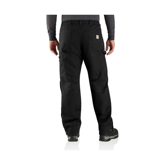 Black insulated work pants with cargo pockets and a small logo patch on the back pocket
