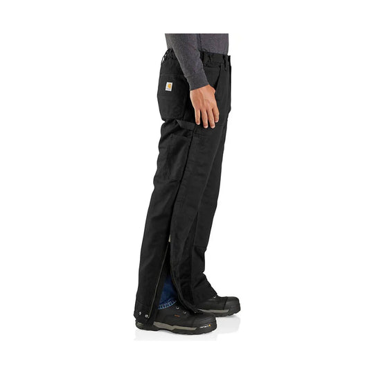 Black insulated work pants with side zippers and cargo pockets