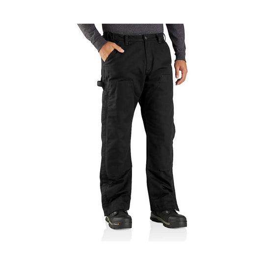 Black work pants with a large thigh cargo pocket, belt loops, and cuffed hems on a model.