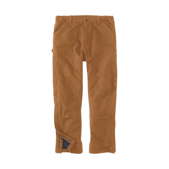 Brown insulated work pants with reinforced knees and zippered ankle gusset