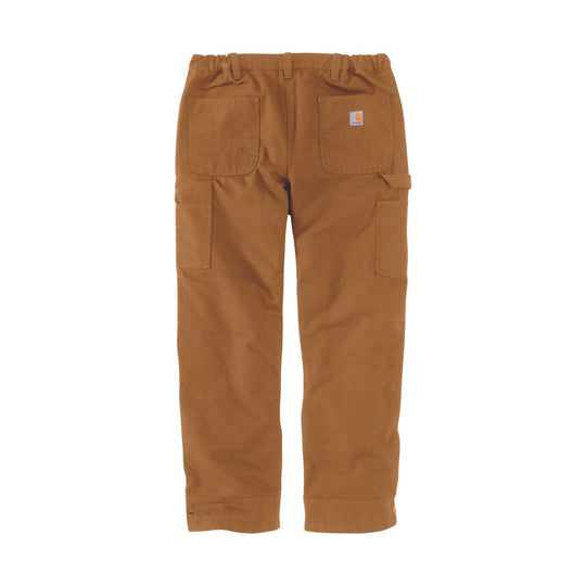 Brown cargo pants with large front pockets and cuffed hems