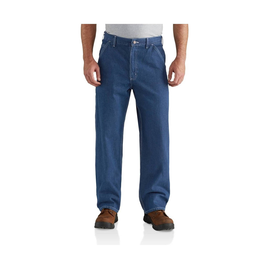 Blue straight-leg work pants with front pockets and brown work shoes