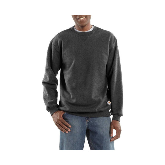 Dark charcoal crewneck sweatshirt with long sleeves and a small side hem logo patch