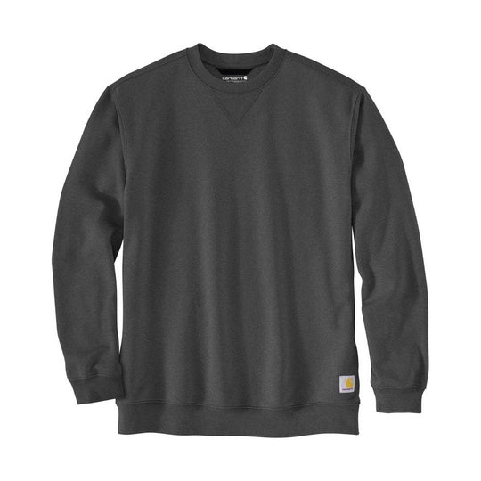 Dark charcoal crewneck sweatshirt with long sleeves and ribbed cuffs and hem