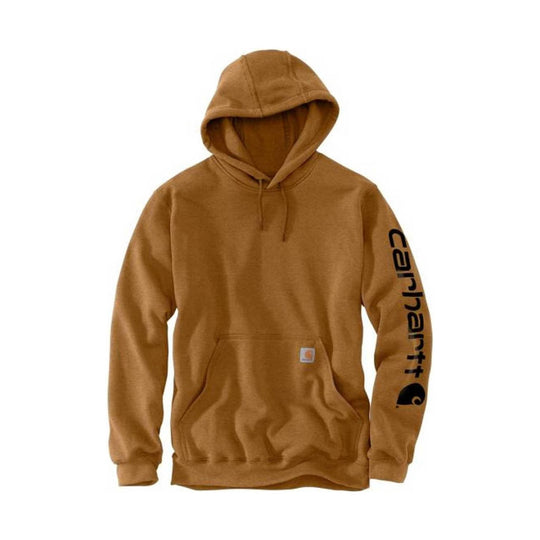 Brown pullover hoodie with front pouch pocket, drawstring hood, and vertical sleeve logo